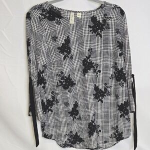 Tacera Houndstooth Floral Blouse, Bell Sleeves Bows, Black White, Small